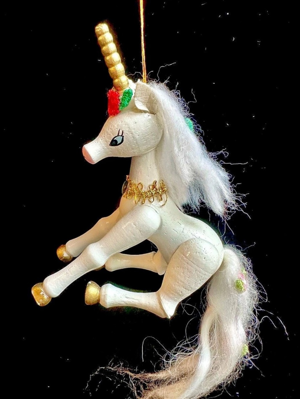 Vintage White Unicorn Christmas Ornament 1970s–80s Whimsical Gold Detail EUC